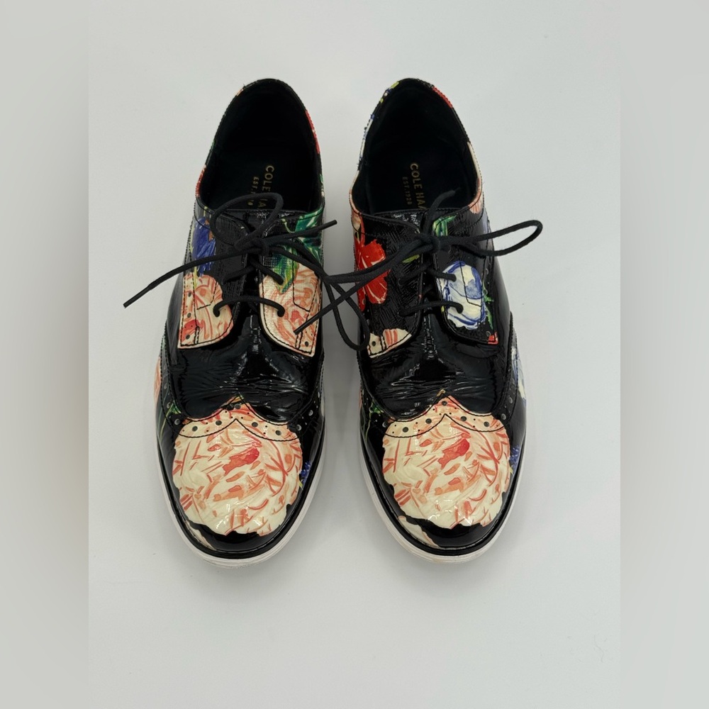 Cole Haan Grand.OS Wingtip Oxford Floral Patent Leather Lace-Up Brogue Shoes - Picture 11 of 16